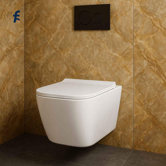 White wall-mounted toilet against a brown marble wall
