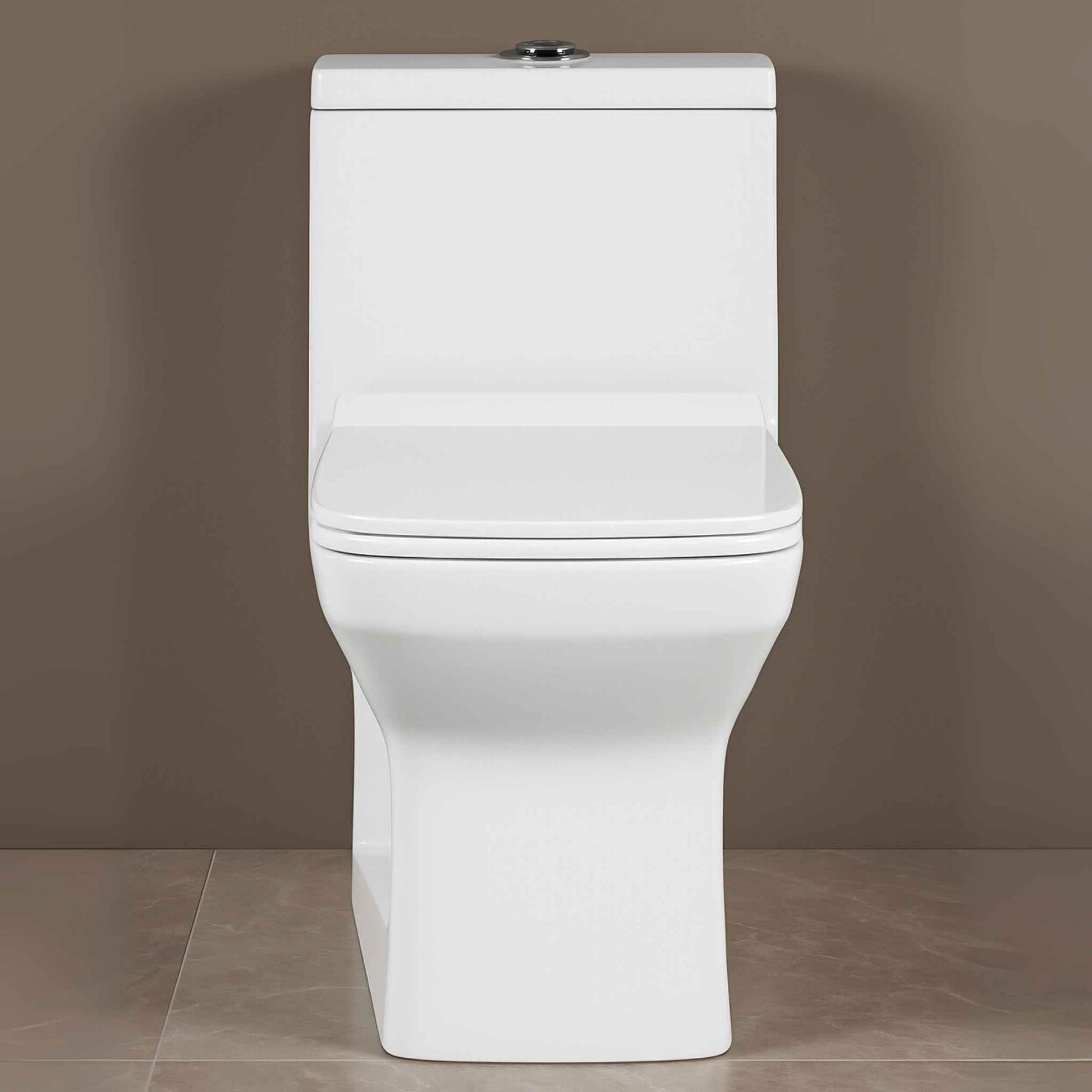 Front view of one-piece western toilet with soft close seat