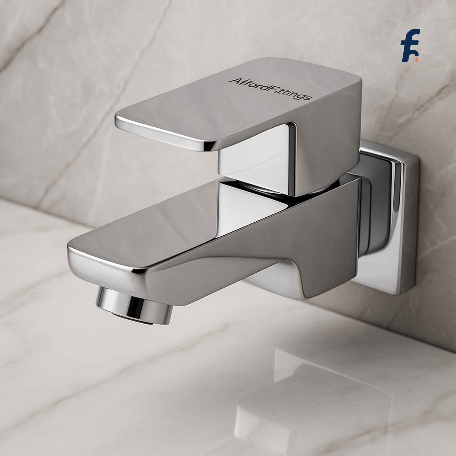 Front view of chrome bib cock faucet with wall flange