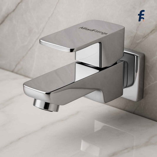Front view of chrome bib cock faucet with wall flange