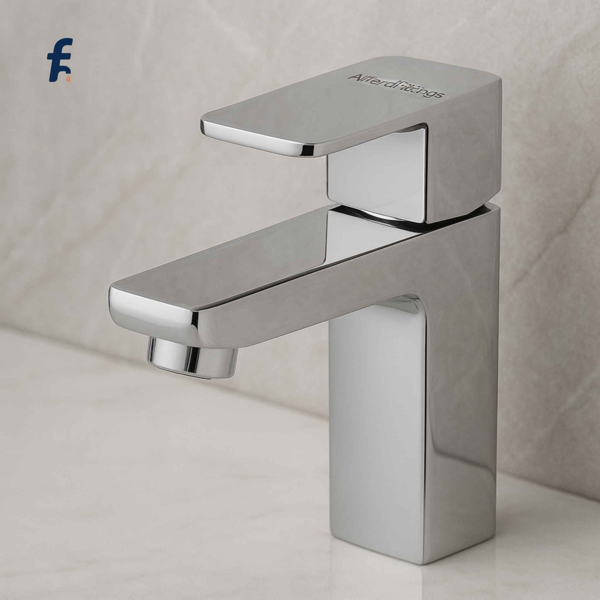 Chrome bathroom faucet on a neutral background, Chrome pillar cock faucet with square base and sleek lever