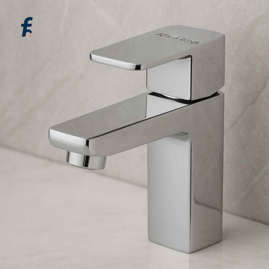 Chrome bathroom faucet on a neutral background, Chrome pillar cock faucet with square base and sleek lever
