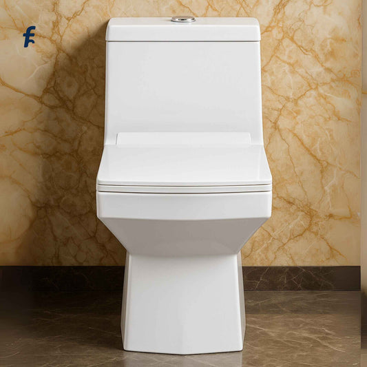 "Front angle view of modern one-piece western toilet with boxrim design and soft-close seat – size 690x360x745mm"