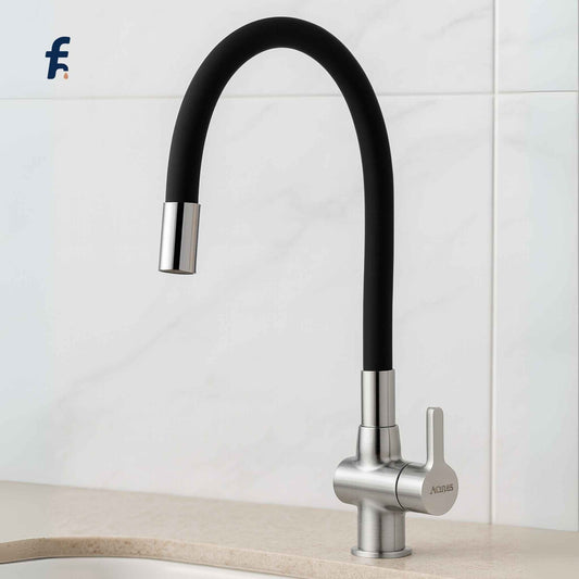 Modern kitchen faucet with black flexible hose on a white tiled wall background, Flexible chrome sink cock faucet with wall mount – front view