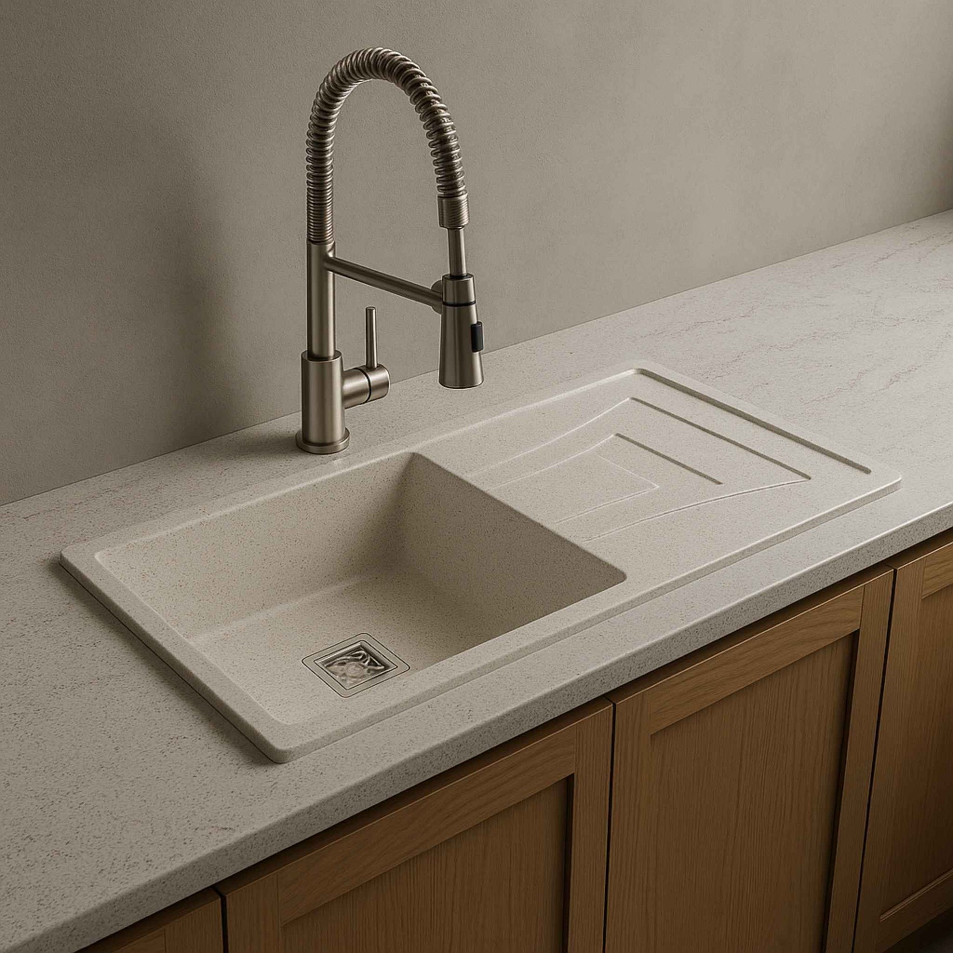 Top view of Alaska white quartz kitchen sink with integrated drainer
