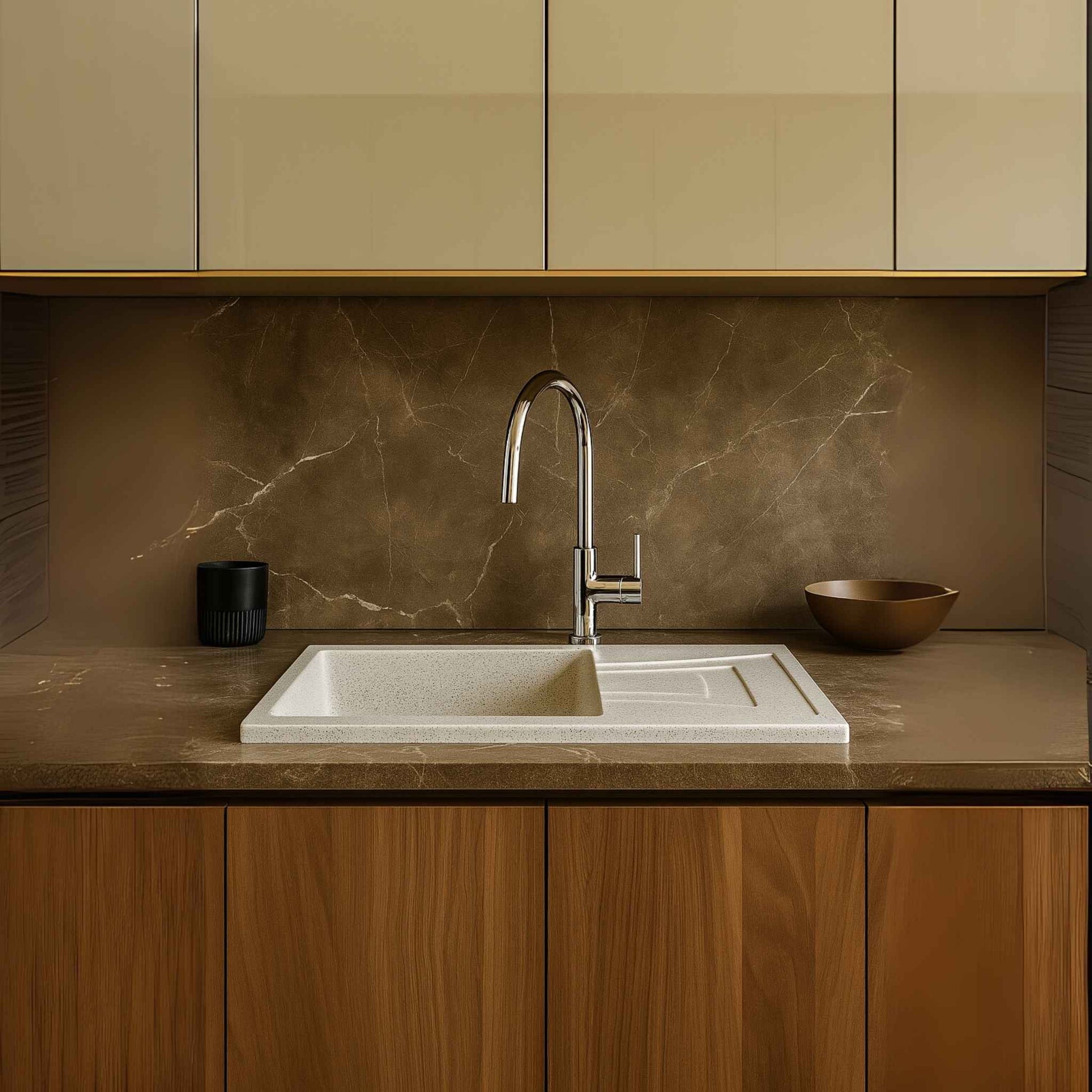 Side angle of Alaska quartz sink with pull-out faucet and stone background