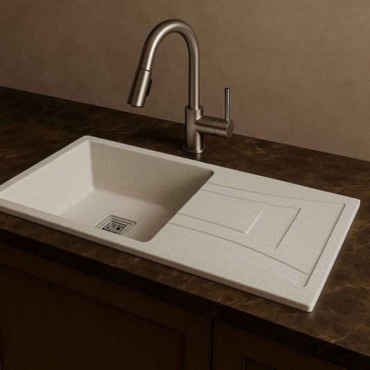Front angle of Alaska quartz kitchen sink placed in a luxurious Italian kitchen