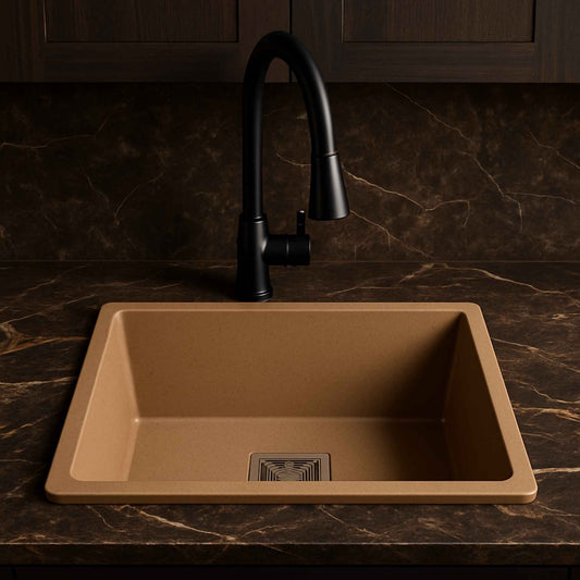 Front view of almond-colored granite kitchen sink with square drain