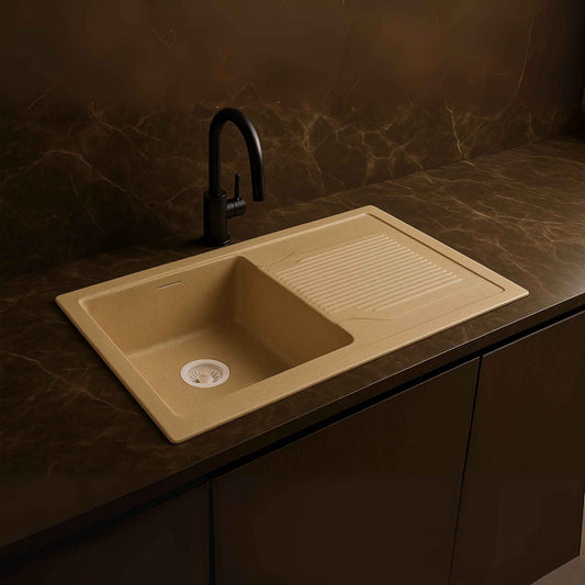 Front view of 36x18x9 inch almond granite kitchen sink with drainboard and faucet – luxury kitchen setup
