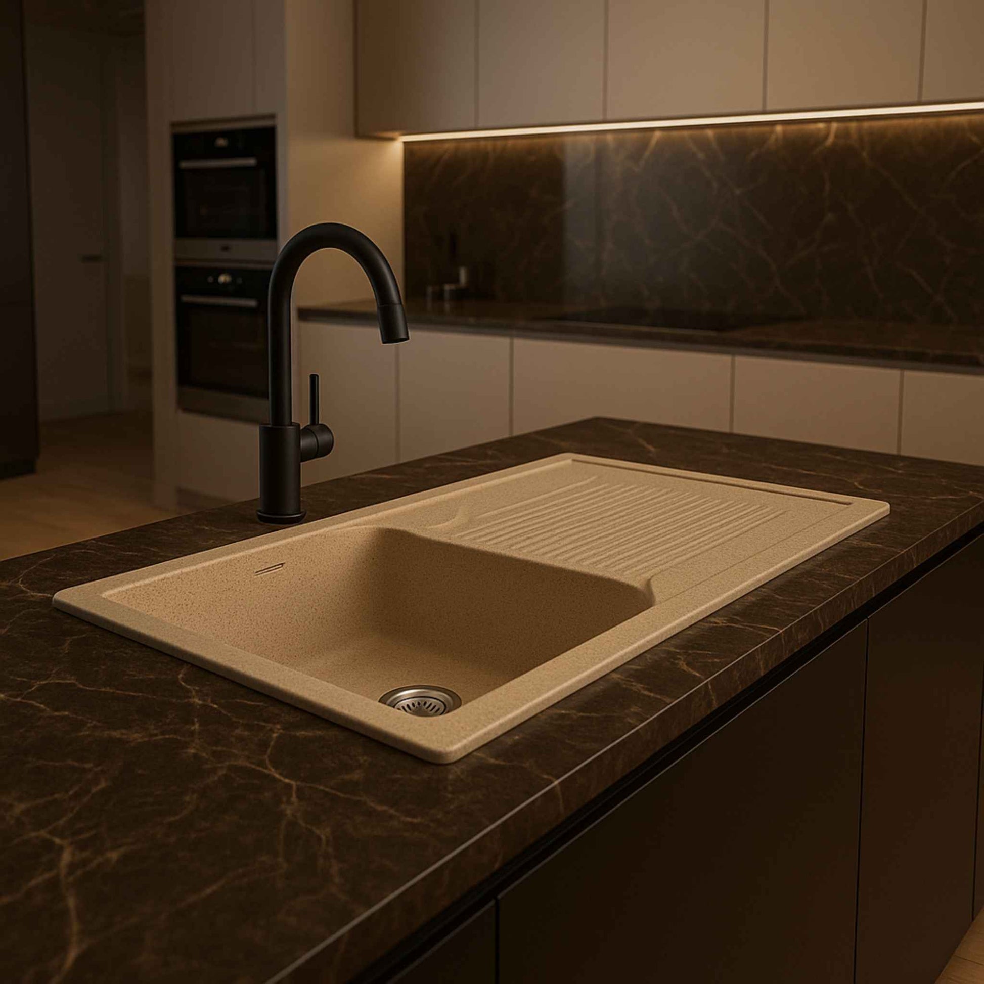 Luxurious kitchen setup with almond granite sink as centerpiece – modern quartz composite sink