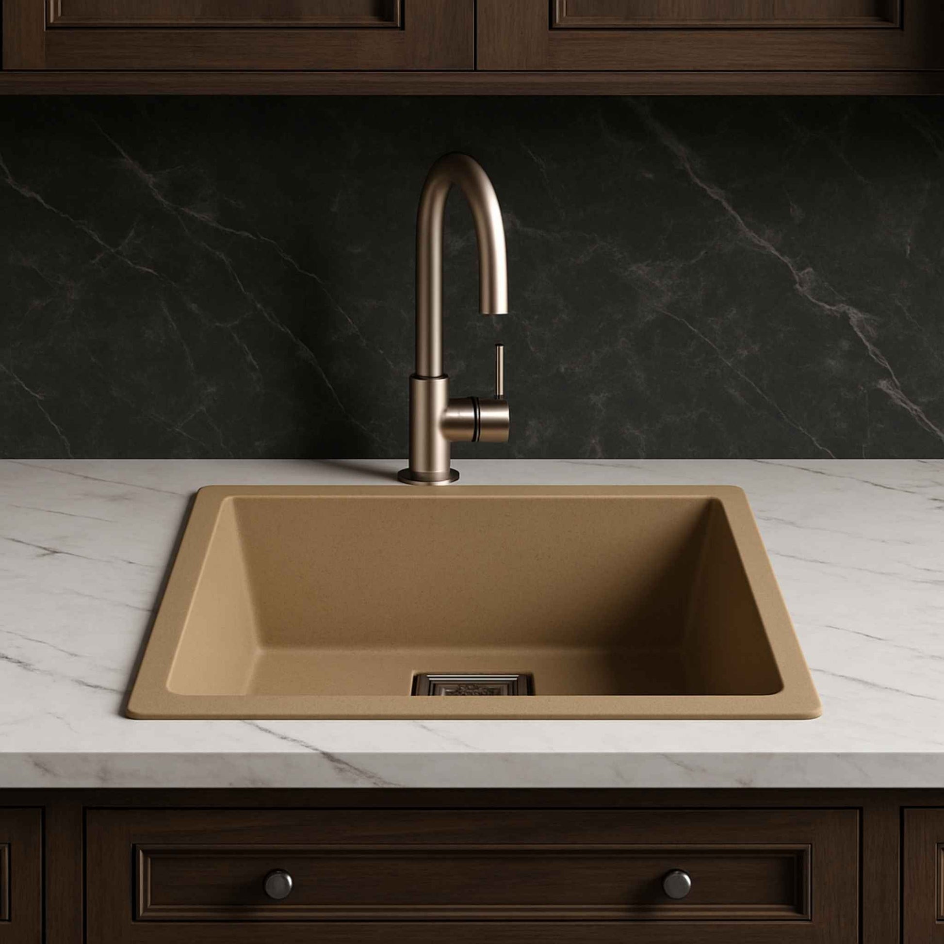 Almond Granite Sink Installed in Luxurious Modern Kitchen with Calcutta Marble