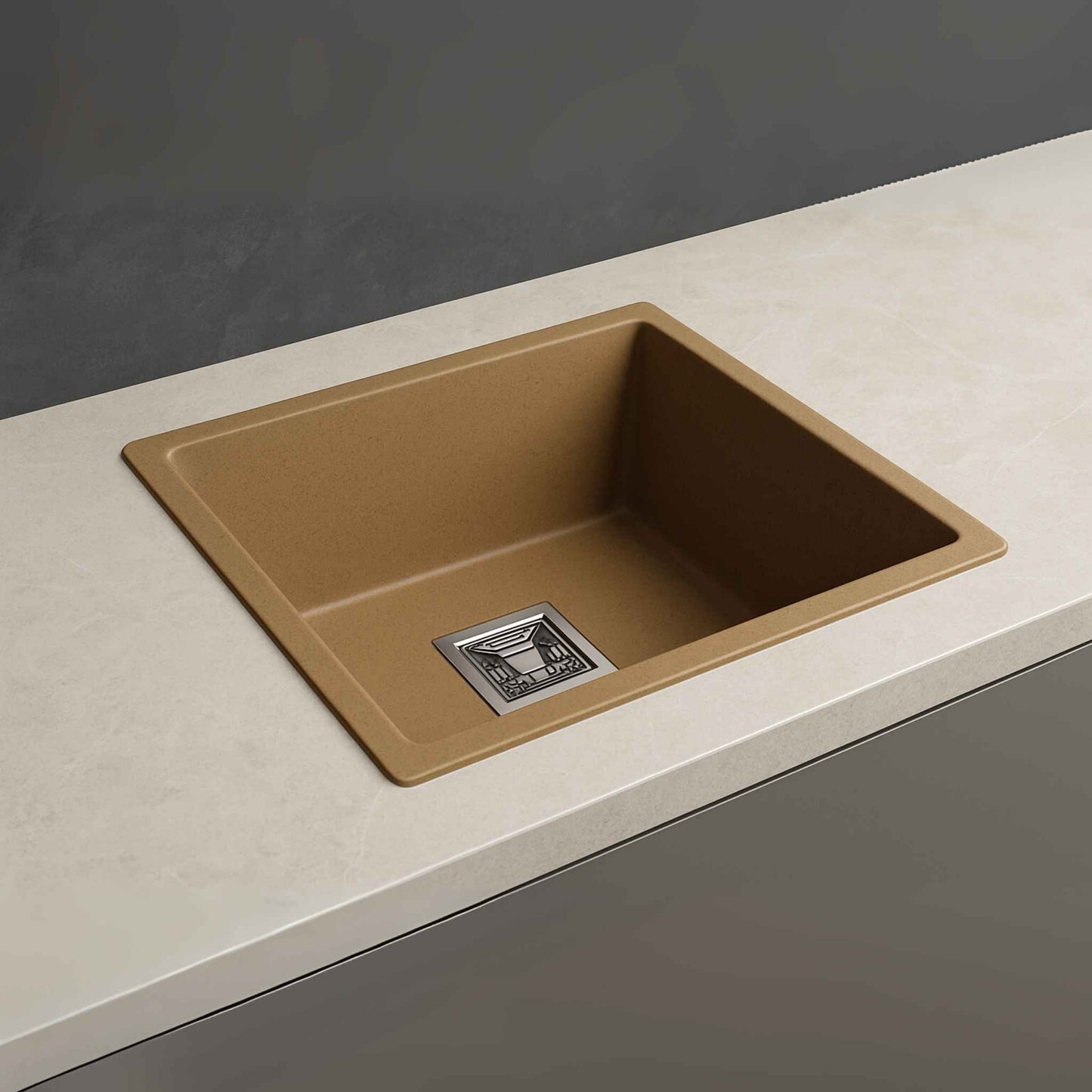 Almond Granite Sink Side View with Contrasting Marble Countertop