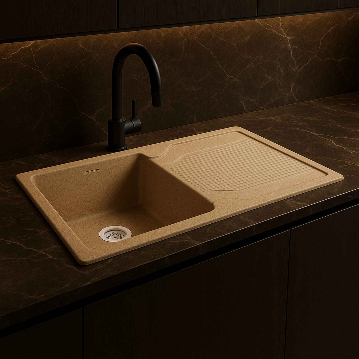 Side close-up angle of almond quartz composite sink showing drainboard grooves and matte finish