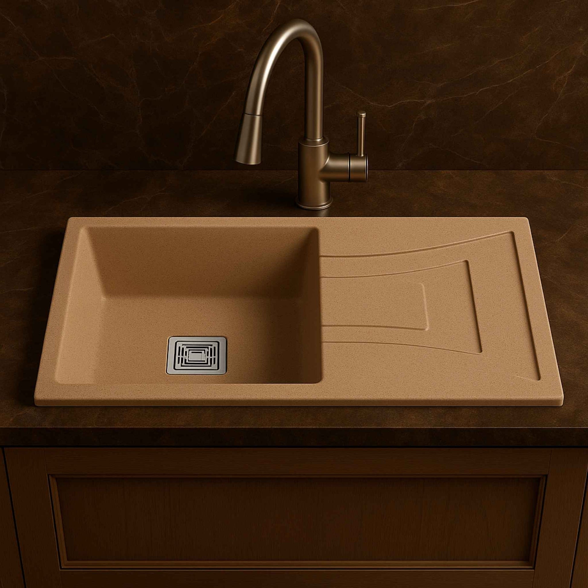 Side angle of almond quartz sink with pull-out faucet on Italian marble platform