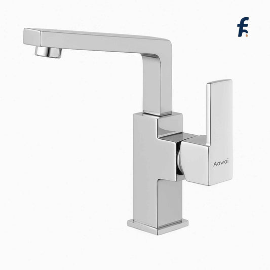 Chrome kitchen faucet with Aowai branding on a white background, Front view of chrome swan neck kitchen faucet model 2509