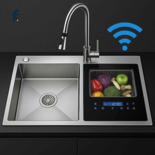 WiFi smart sink with touch panel showing automatic fruit and vegetable washing technology in premium modular kitchen