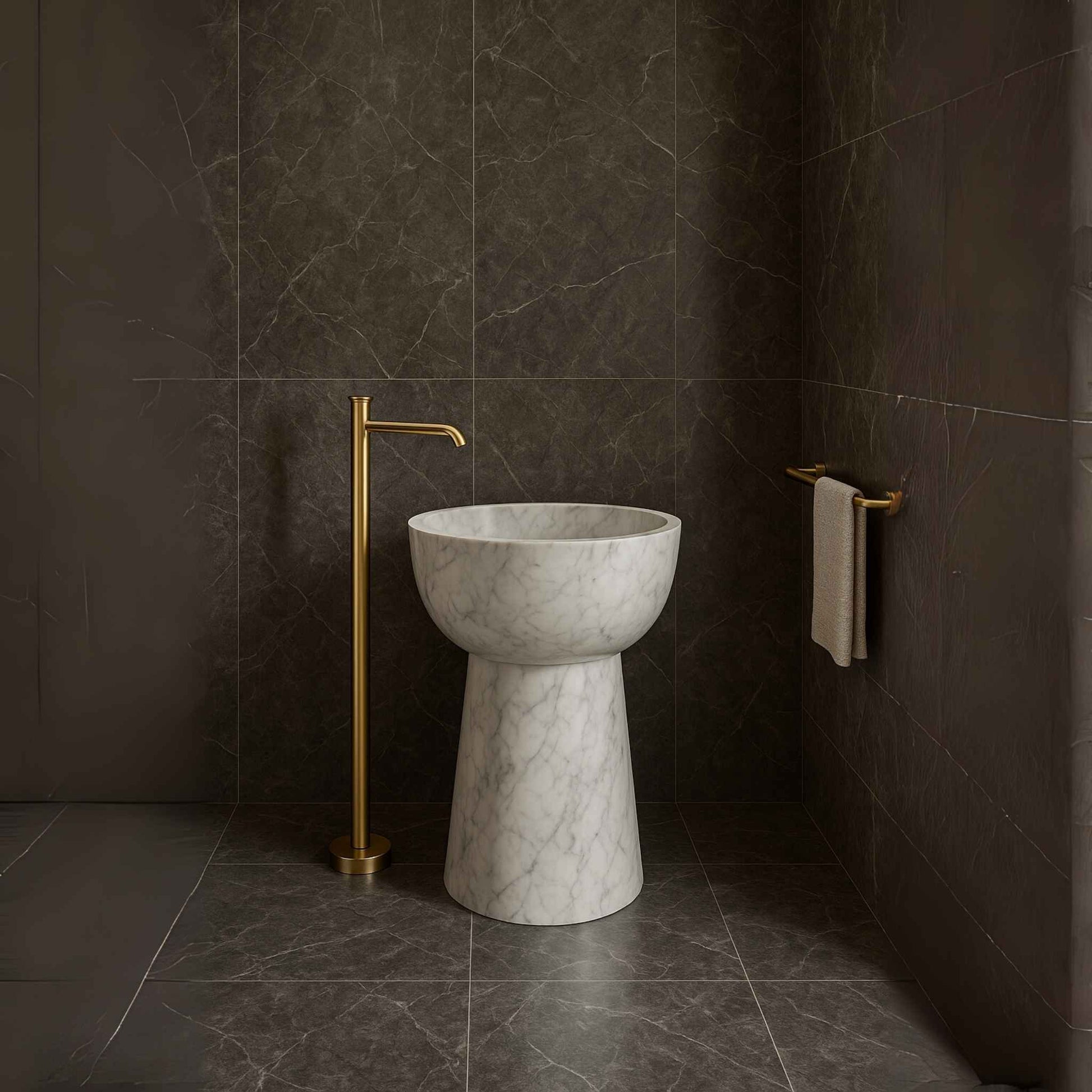 Full bathroom interior with floor-mounted brushed gold faucet and pedestal basin