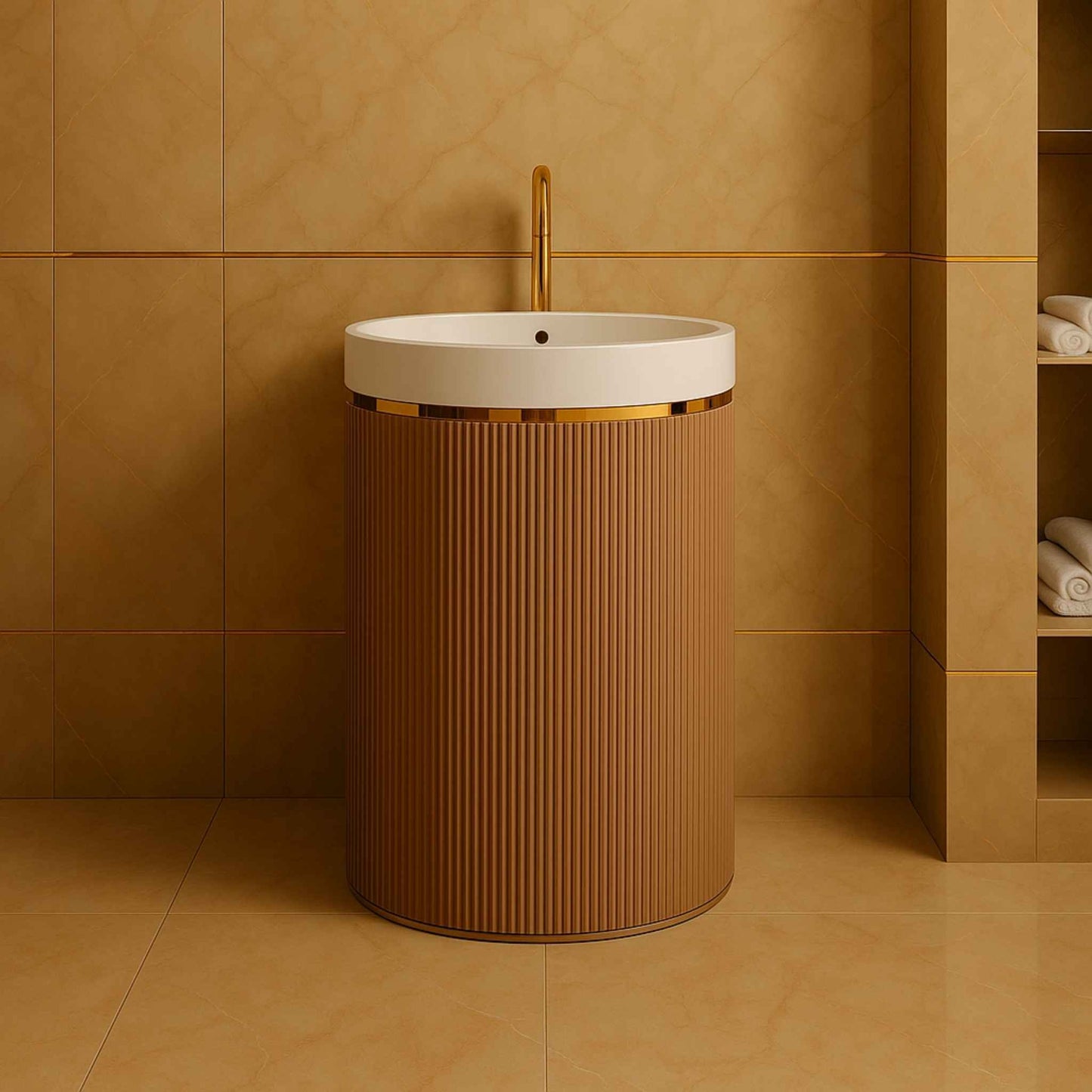 Front angle of a freestanding beige ribbed pedestal sink with a white ceramic basin and gold faucet, set against a polished marble wall in a luxurious bathroom.