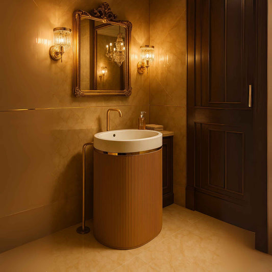 Side view of a luxury bathroom featuring a beige ribbed pedestal washbasin with a white top and a sleek gold faucet, complemented by warm lighting and vintage décor.