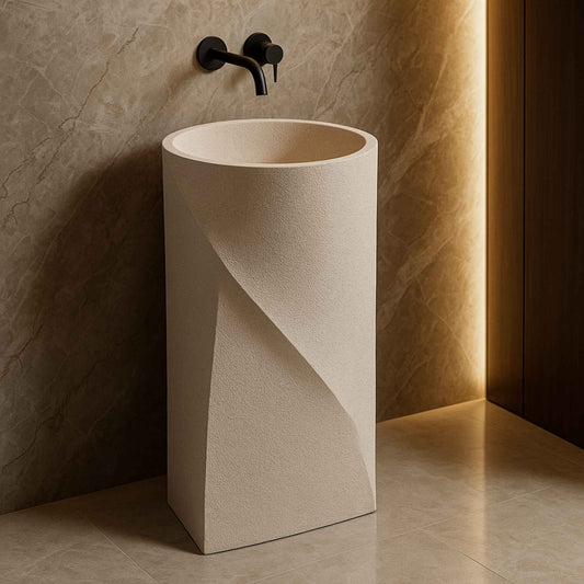 Beige pedestal basin in a luxury bathroom setup