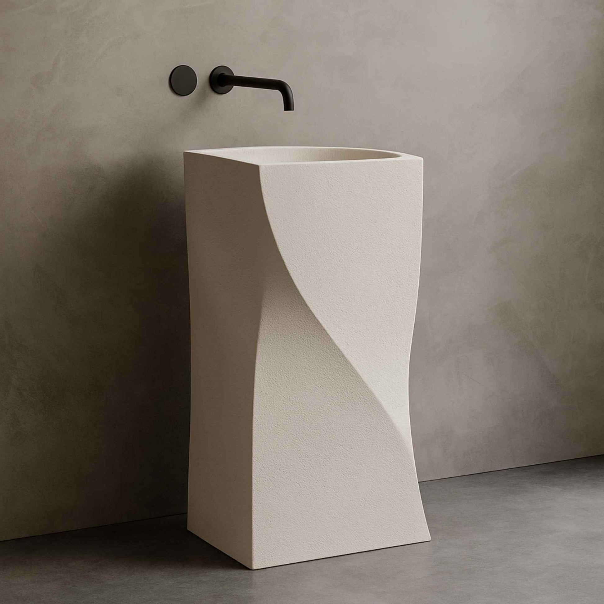 Side profile of beige freestanding basin with artistic contours