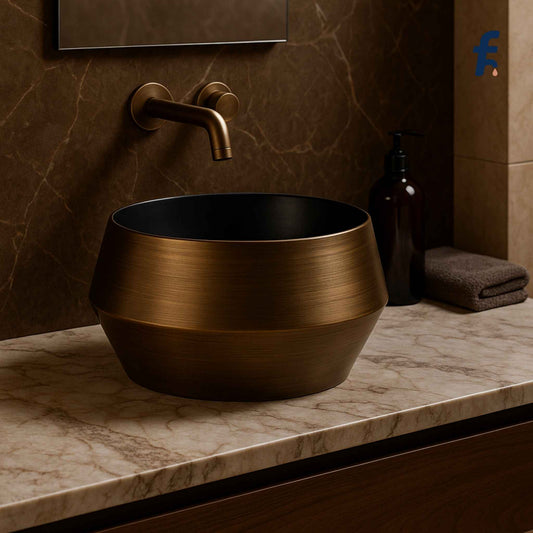 Front view of antique black tabletop wash basin placed in a luxurious bathroom setting