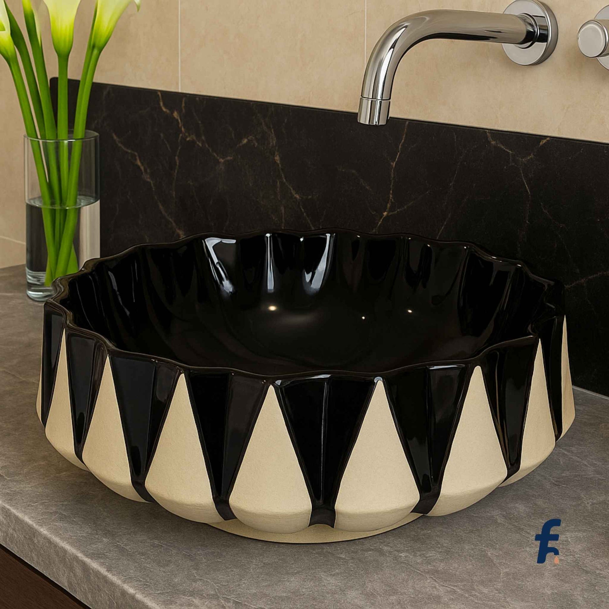 Luxury designer table top wash basin with wall-mounted faucet