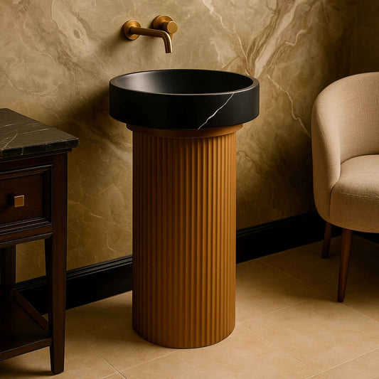 Black and brown pedestal basin in luxury modern bathroom setting