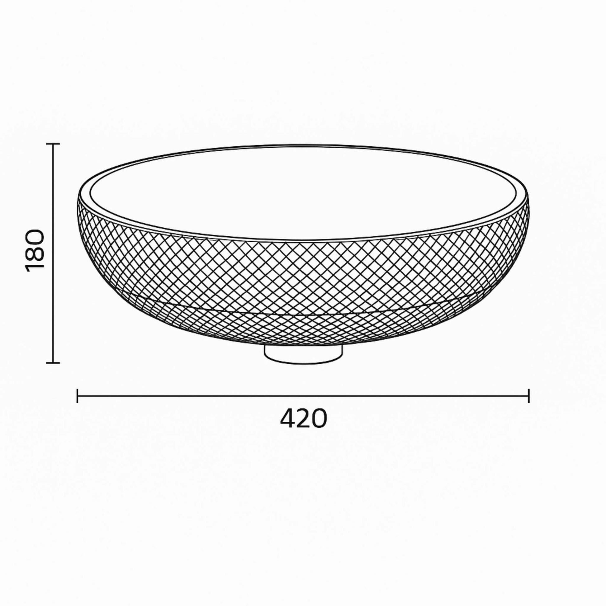 Technical drawing showing dimensions of black textured glass wash basin – 420mm width and 180mm depth