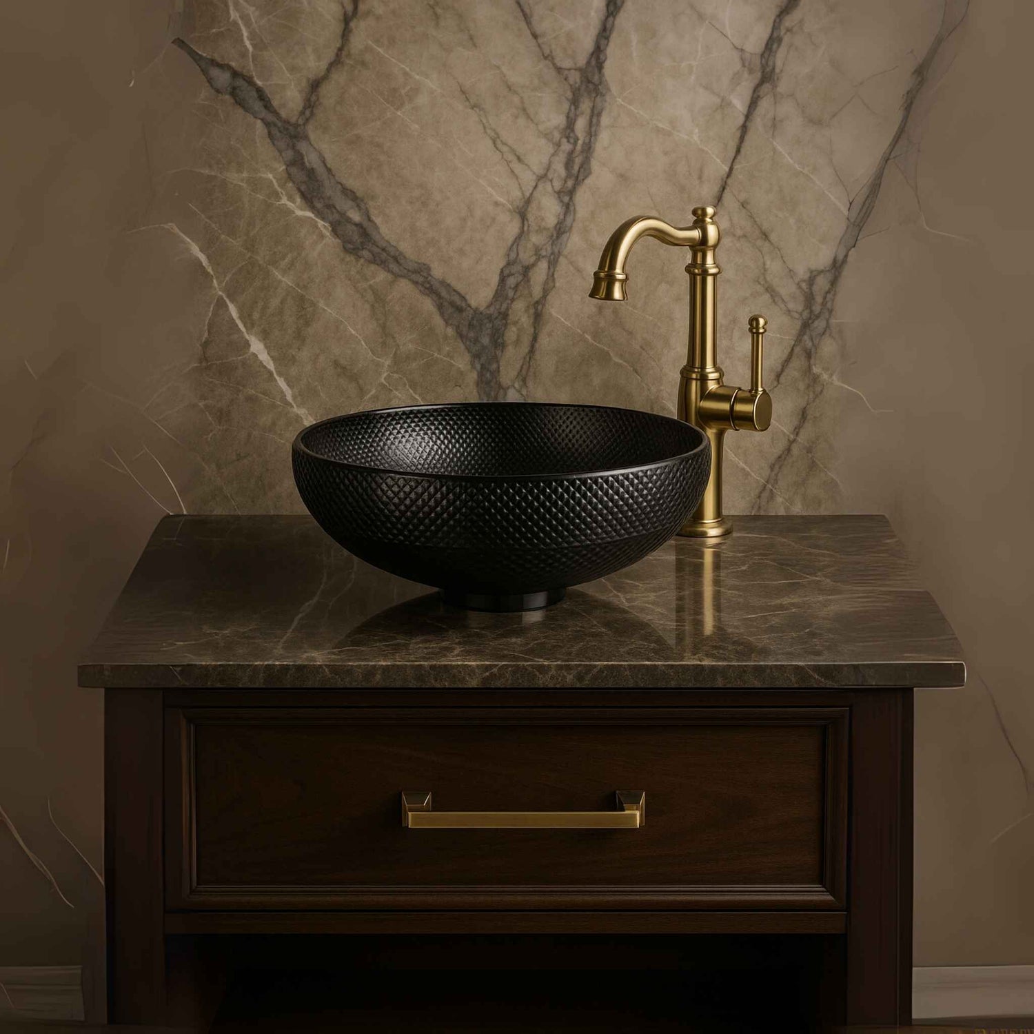 Textured black glass wash basin placed on marble vanity – front view in luxury bathroom setup, 420x420x180mm