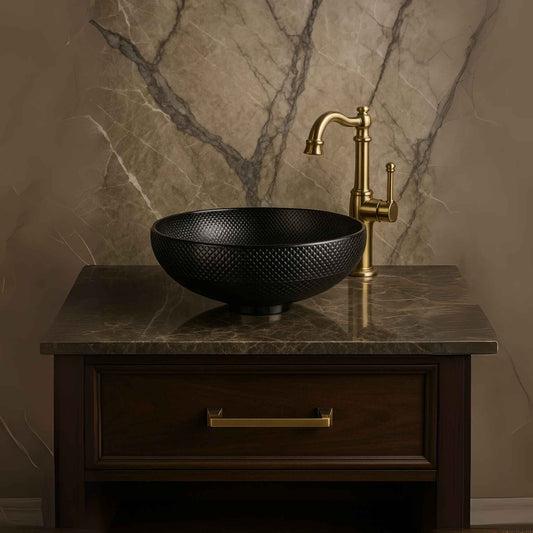 Textured black glass wash basin placed on marble vanity – front view in luxury bathroom setup, 420x420x180mm