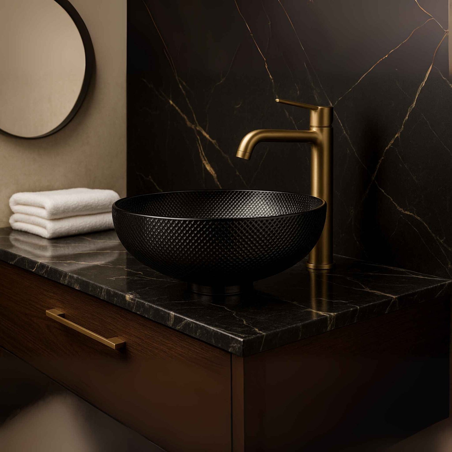 Side profile of designer black glass bowl sink with textured finish – premium bathroom glass basin 420mm