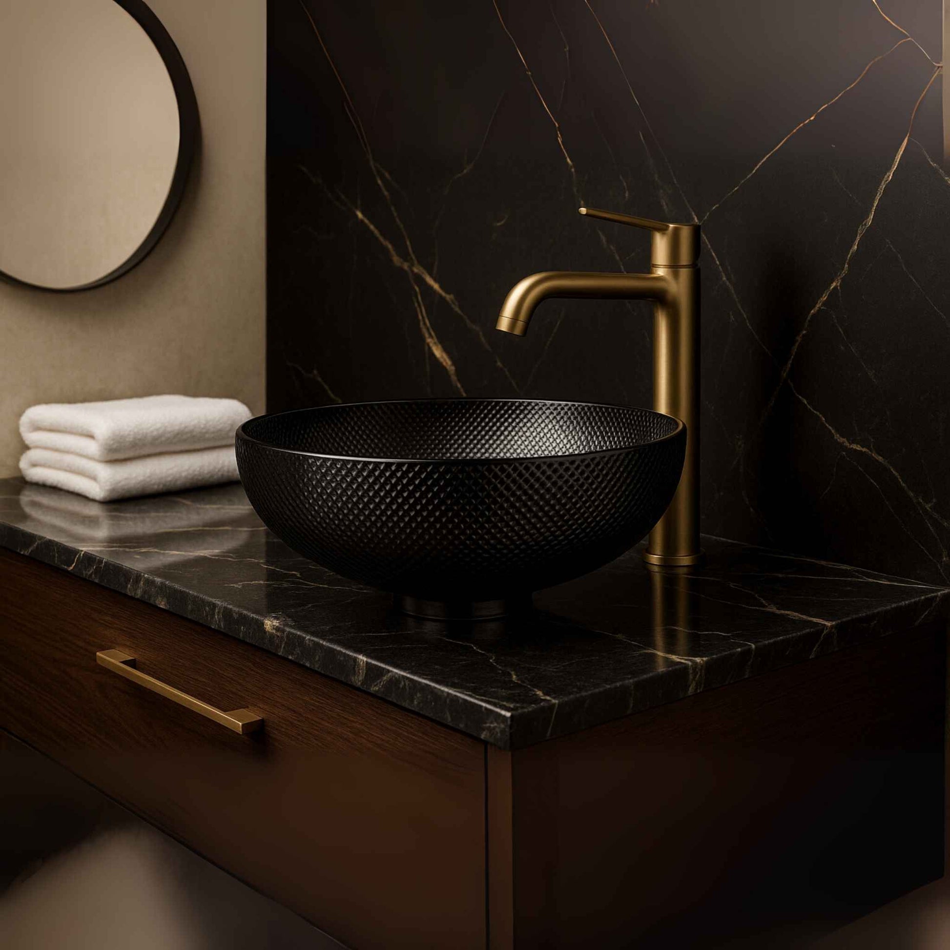 Side profile of designer black glass bowl sink with textured finish – premium bathroom glass basin 420mm