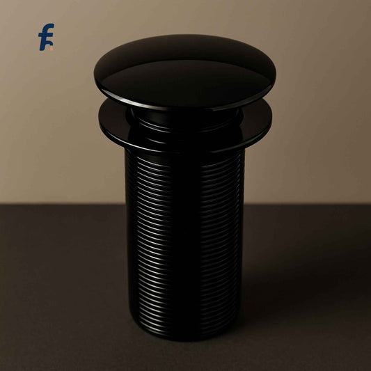 Glossy black pop-up waste coupling for modern washbasins