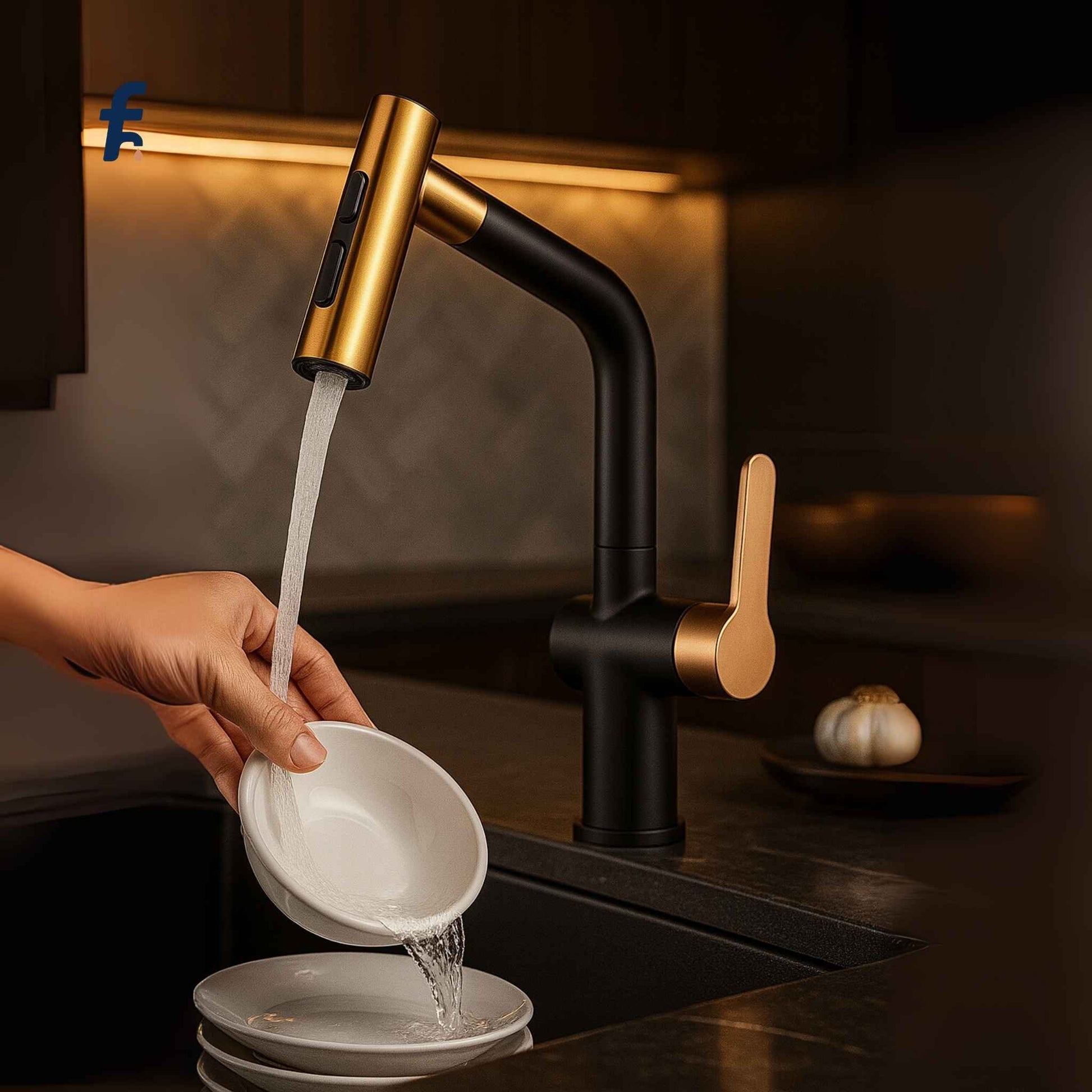 Black and gold faucet with water flowing into a bowl, set against a dark kitchen background.
