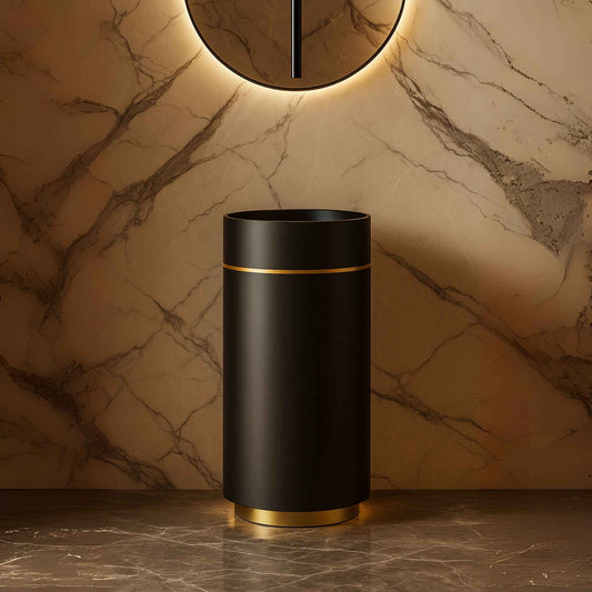 Black and gold freestanding pedestal basin with ceiling-mounted faucet in a luxurious marble bathroom, front view