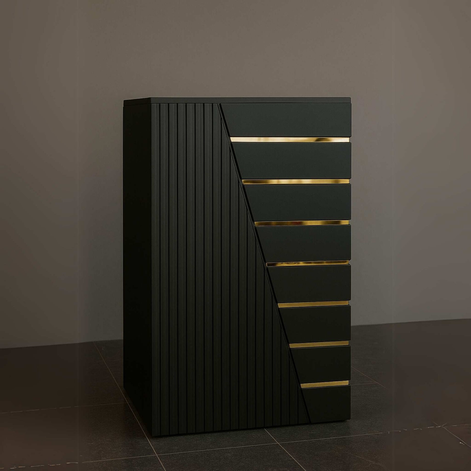 Front view of matte black rectangular basin with gold stripes