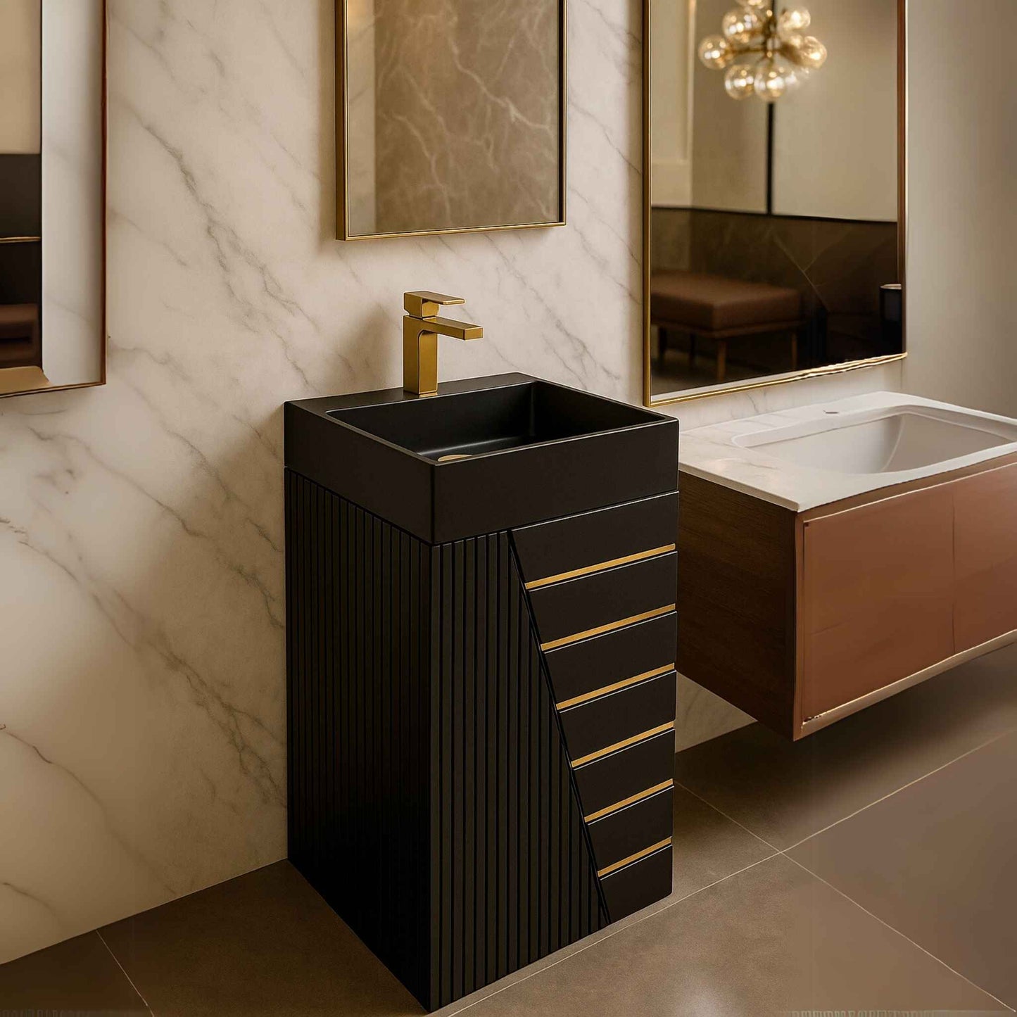 Designer bathroom featuring matte black pedestal basin with marble wall