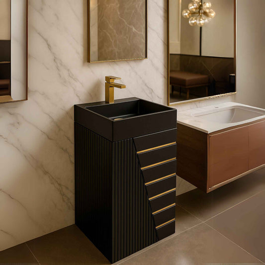 Designer bathroom featuring matte black pedestal basin with marble wall