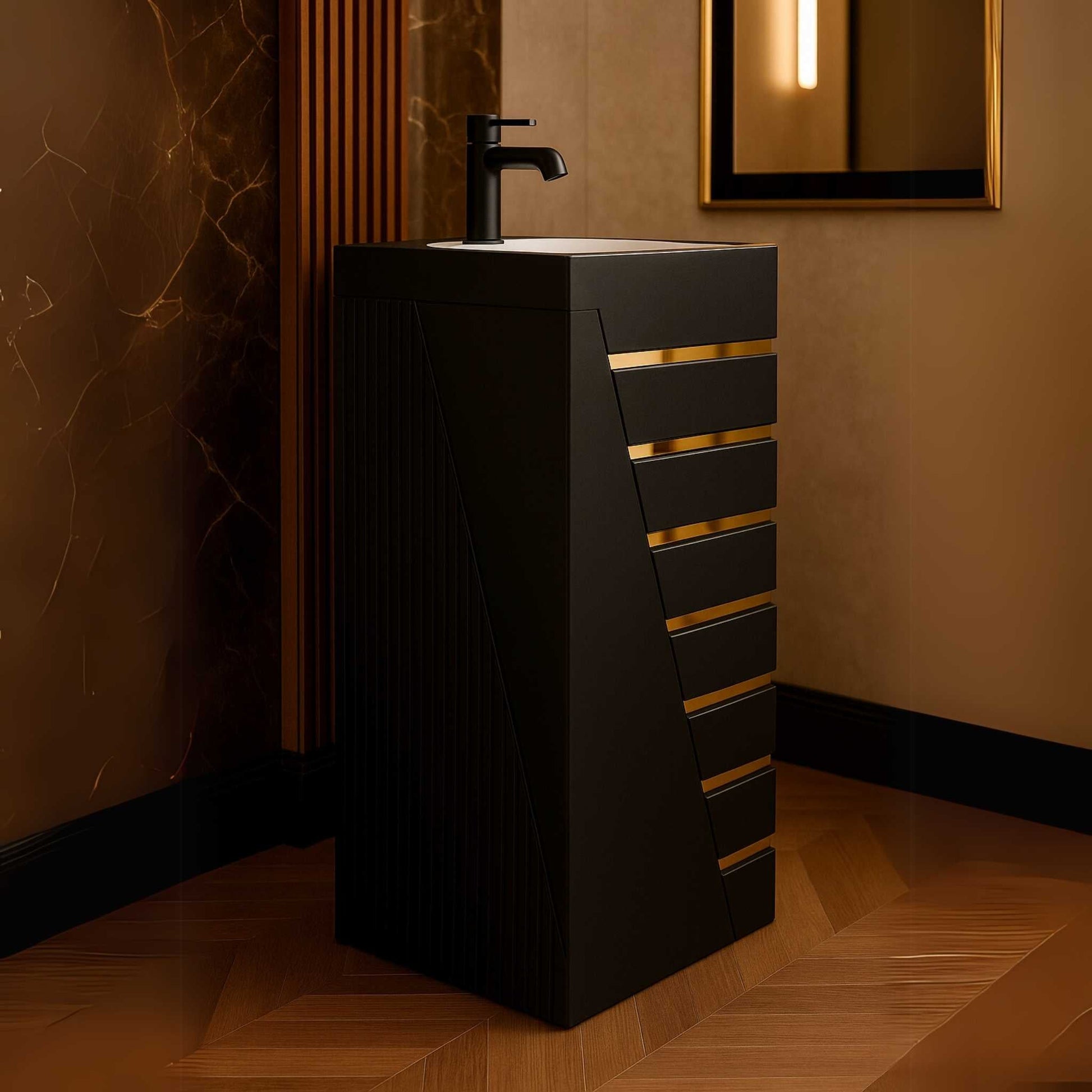 Side angle of modern pedestal basin with fluted texture and gold accents