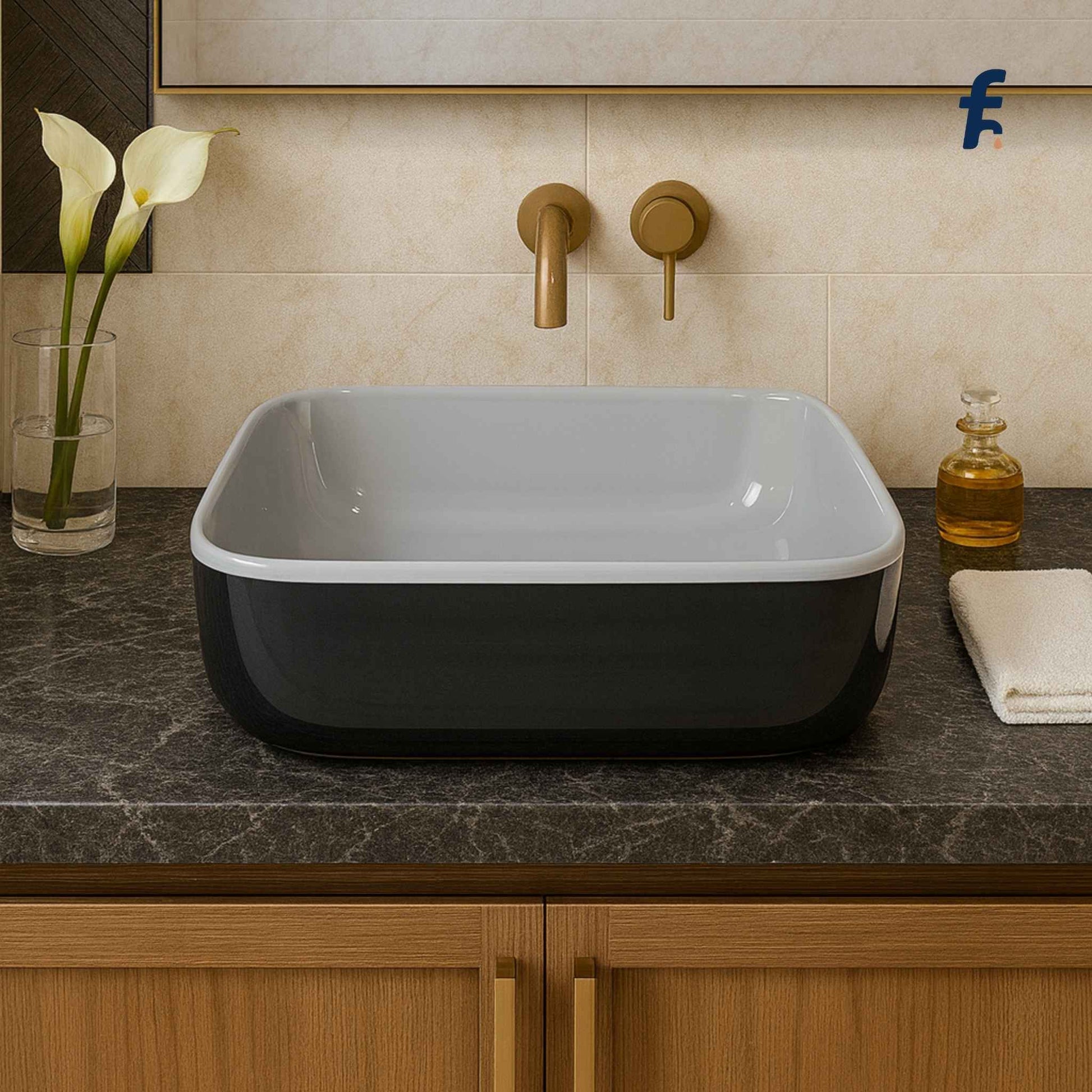 Bathroom sink with black and white basin, gold faucet, and decorative elements.