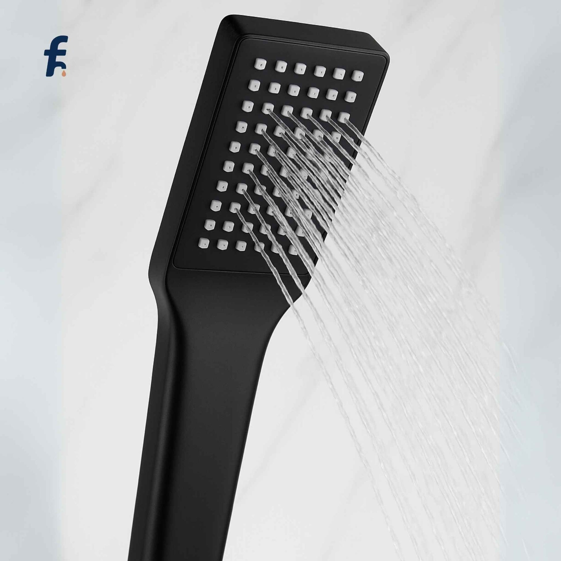 Black shower head with water flowing against a white background, Chrome handheld shower head in matte black panel spraying water