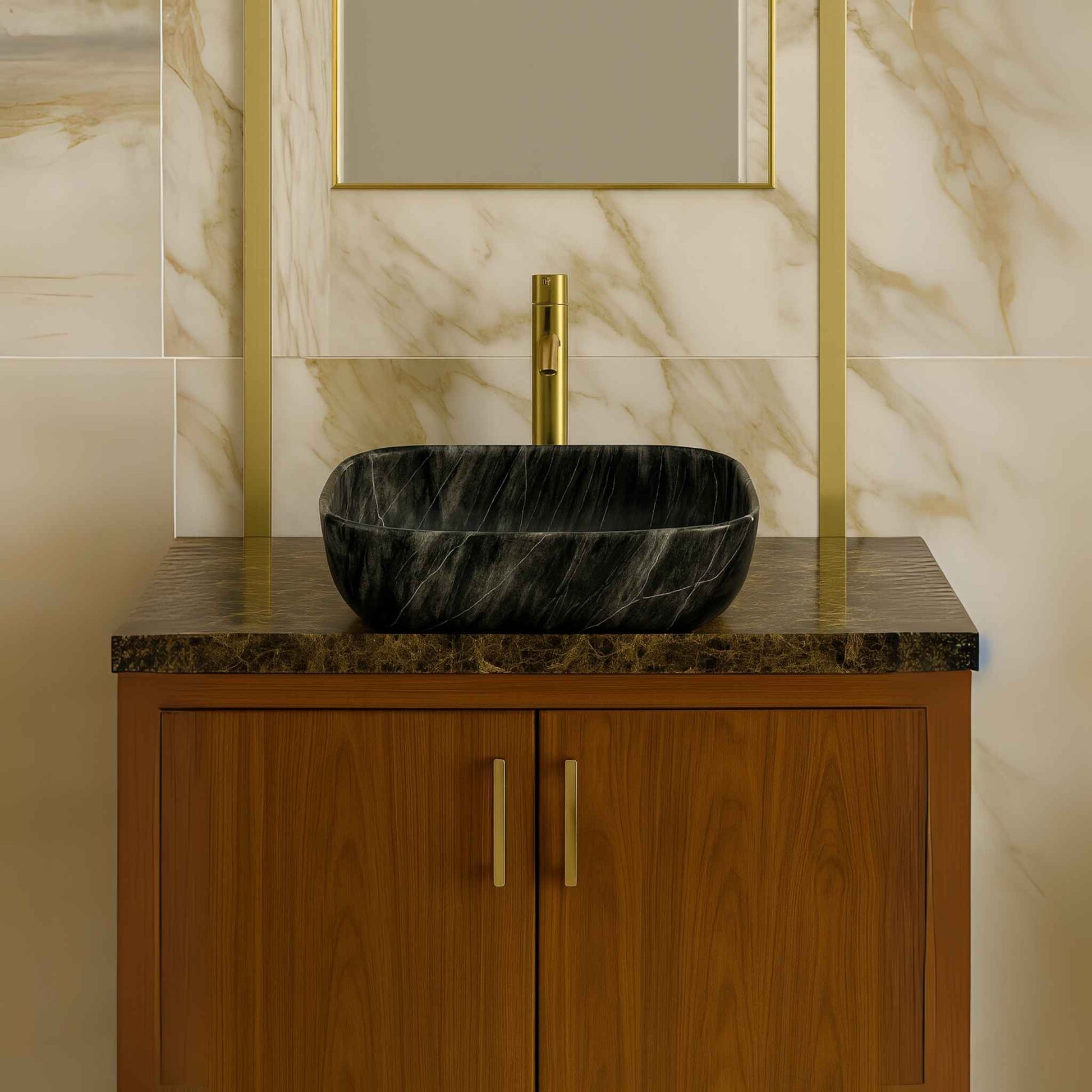 Front view of black marble finish rectangular wash basin on luxury bathroom vanity