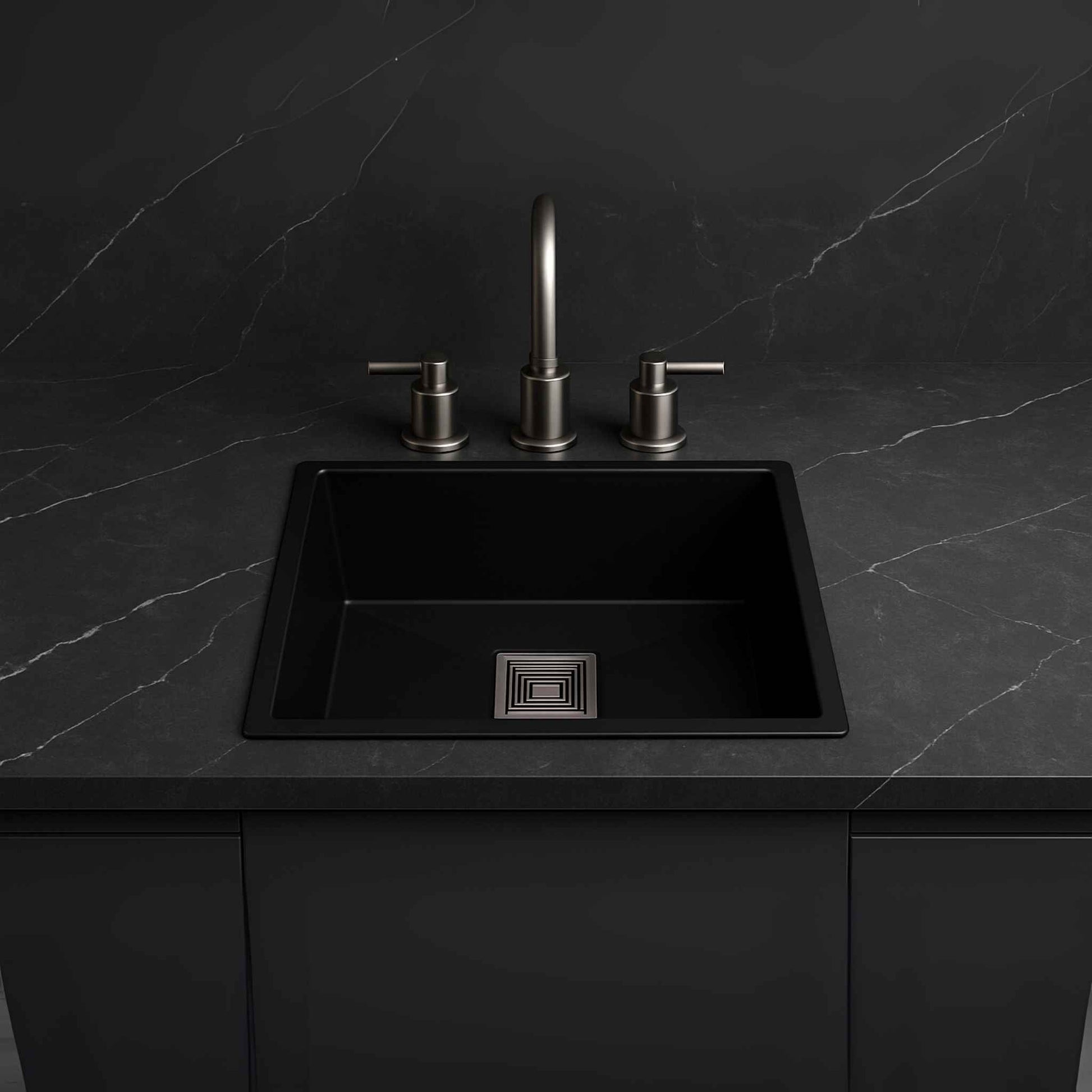 Full kitchen view with black metallic sink and Calcutta marble countertop