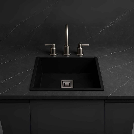 Full kitchen view with black metallic sink and Calcutta marble countertop