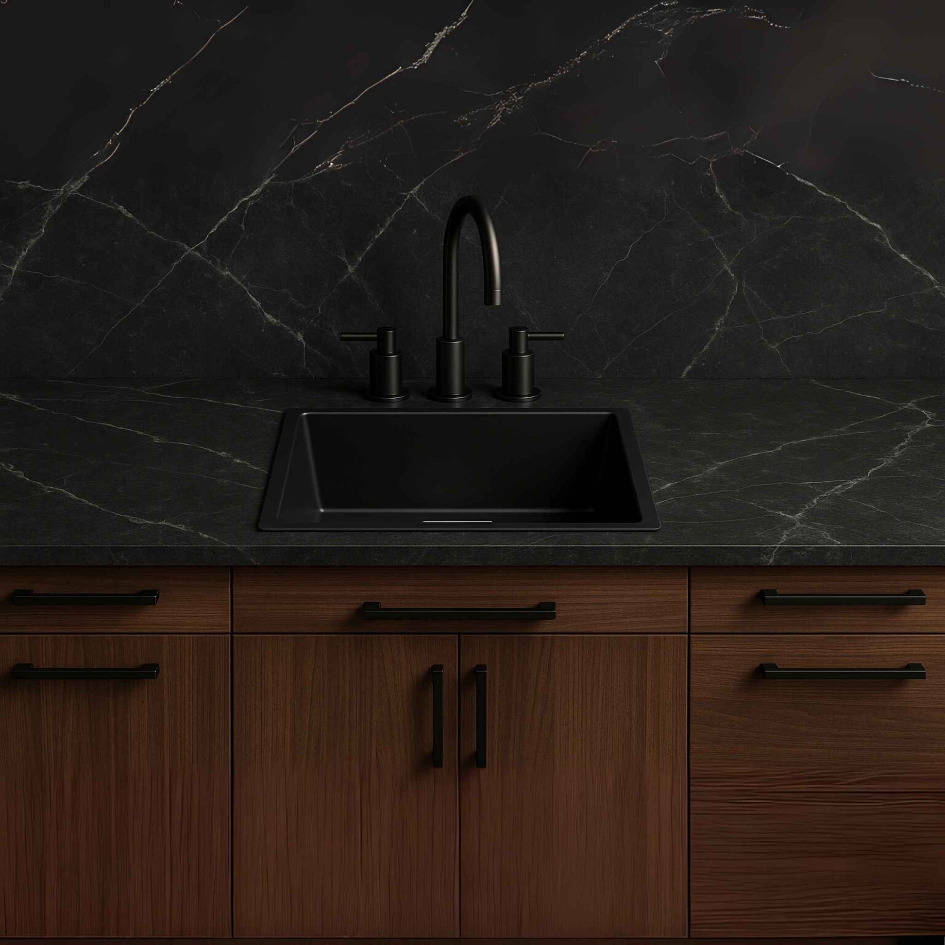 Front view of 18x21x9 black metallic kitchen sink with bold matte finish