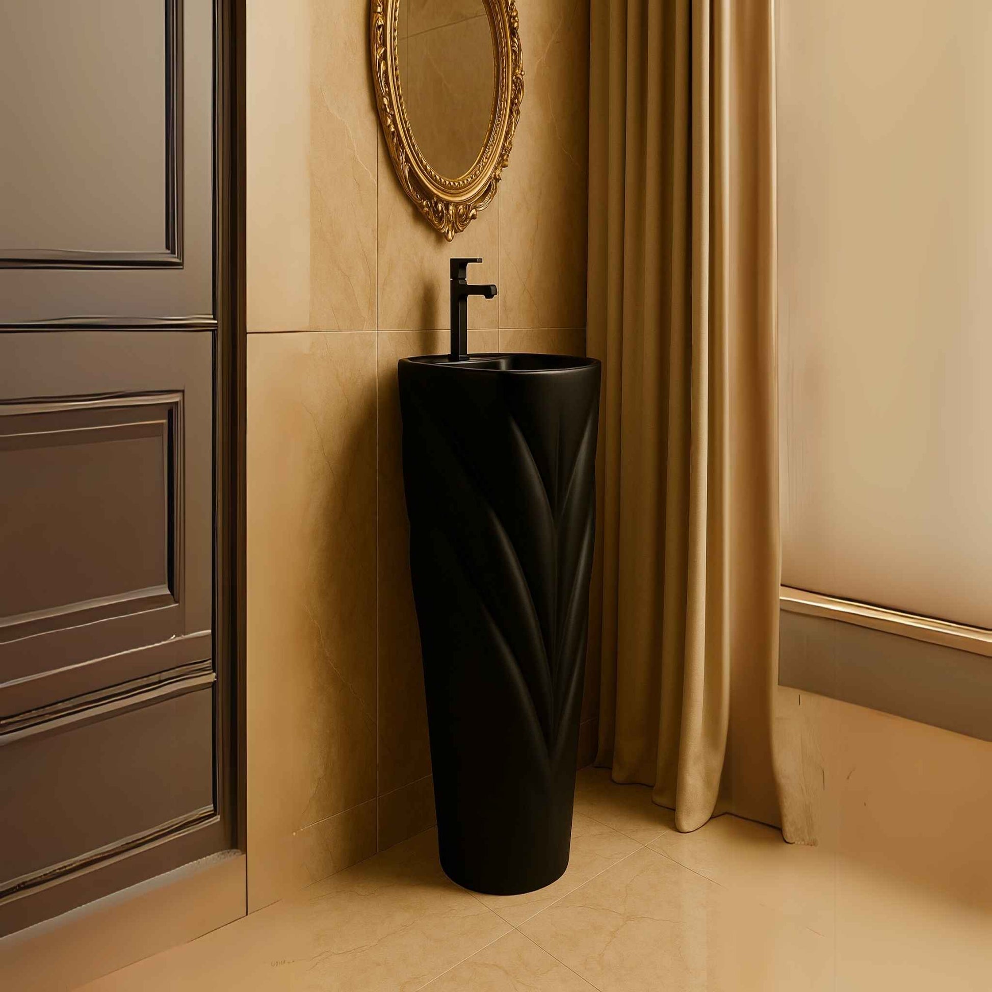 Stylised angle of black pedestal washbasin complementing luxury space