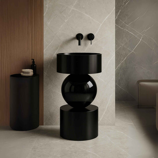 Front view of matte black pedestal wash basin in luxury bathroom
