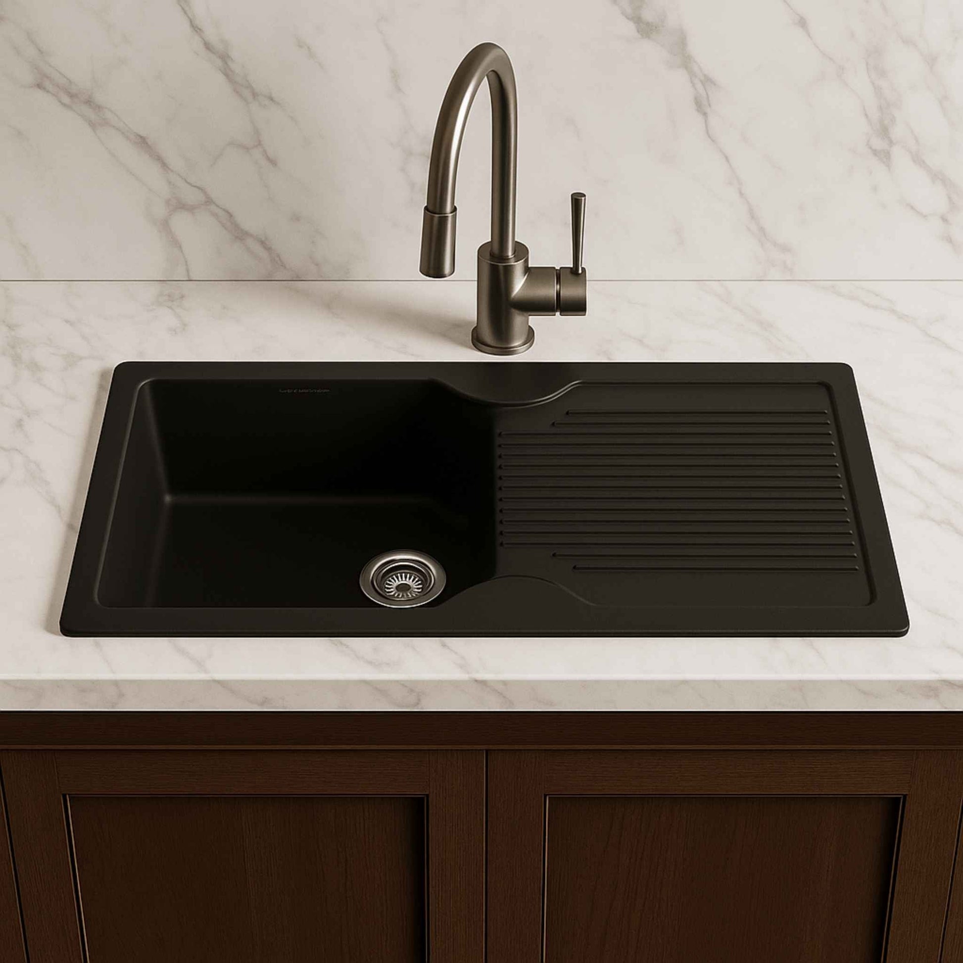 Front view of black granite composite kitchen sink in satvario marble kitchen