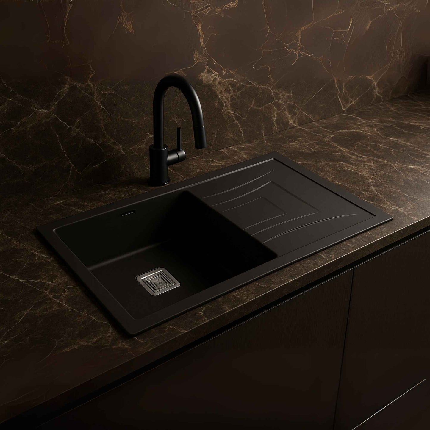 Top view of black metallic quartz kitchen sink with integrated drainboard and square stainless steel drain – 36x18x9 inch size